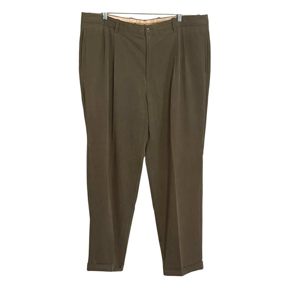 Tommy Bahama Mens 40x34 Olive Green Silk Bamboo Pleated Cuffed Dress Pants